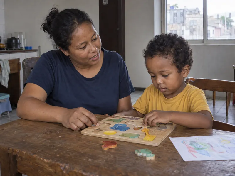 Scène illustrée : une adulte accompagne un enfant qui fait un puzzle dans une maison.