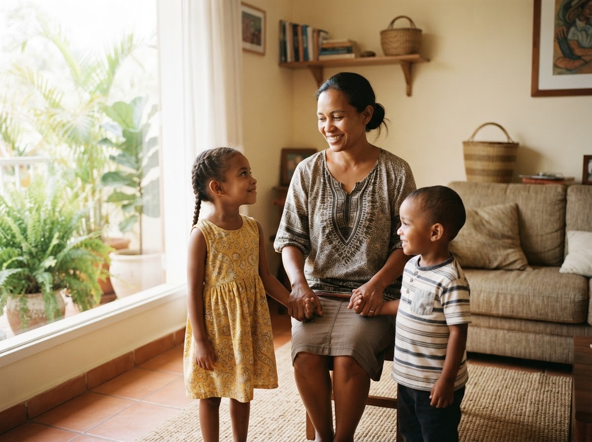 Nounou avec deux enfants malgaches dans un intérieur chaleureux